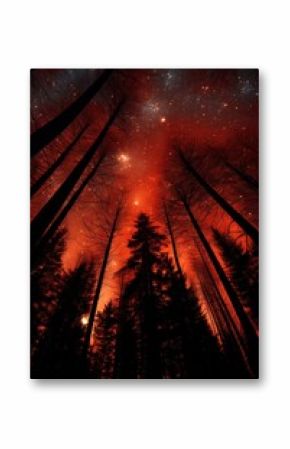 night forest at stars background, trees silhouette look up