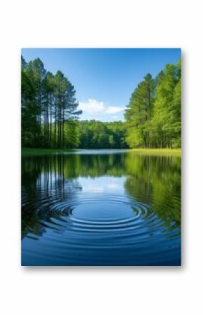 Soft ripples on a peaceful lake, reflecting a tranquil forest under a clear blue sky