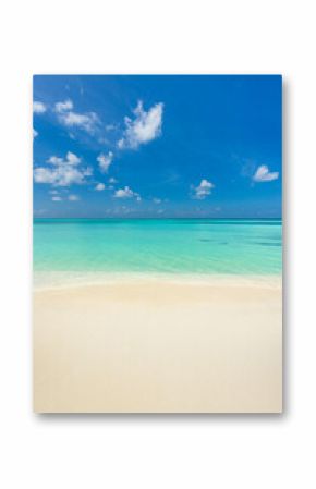 Closeup sand beach sea waves and blue summer sky. Panoramic beach landscape. Empty tropical beach and seascape, horizon. Bright exotic coast calmness, tranquil seaside nature view relaxing sunlight 