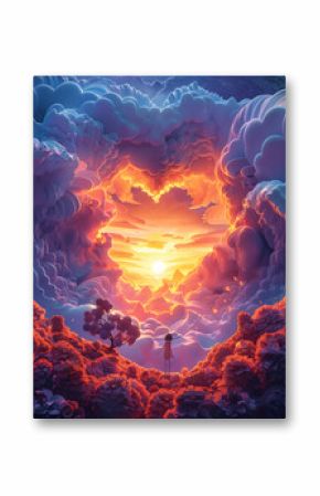 A sunset painting featuring a heartshaped cloud in the sky