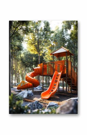 Outdoor playground with chute and spiral slide in forest setting