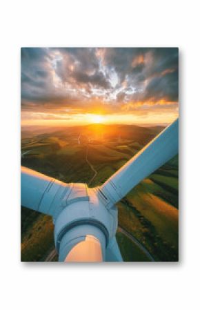 Striking close-up of a wind turbine with golden hour lighting enhancing the sustainable energy concept