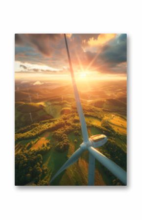 A breathtaking view of the landscape as the sun sets, captured from the height of a wind turbine The image represents renewable energy