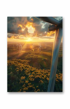 Breathtaking sunset captured from atop wind turbine overlooking vast forest, symbolizing renewable energy