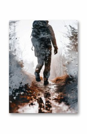 Double exposure photo of a woman admiring beautiful landscape in autumn woodlands. Adventurous young girl with backpack. Hiking and trekking on a nature trail. Traveling by foot.