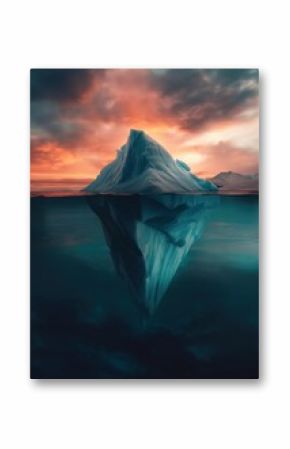 Submerged Majesty - An iceberg revealed, where the waterline divides a breathtaking spectacle of nature's frozen artistry above and below the surface, under a fiery sky