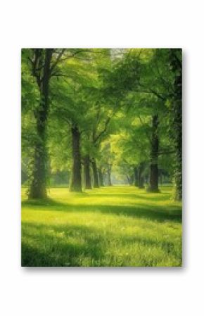 a green field enveloped by lush trees, captured in a realistic photograph that evokes a sense of peace and harmony.