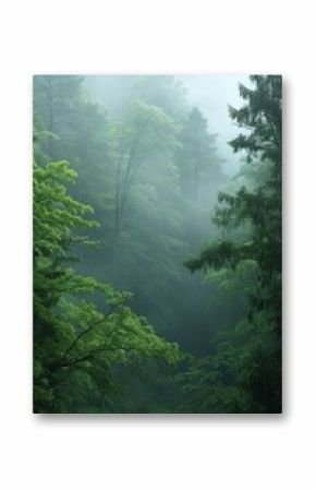 A mystical forest scene enveloped in a gentle mist, with towering evergreens reaching into sky,