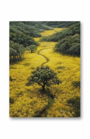 Yellow Field With Trees and Mountains