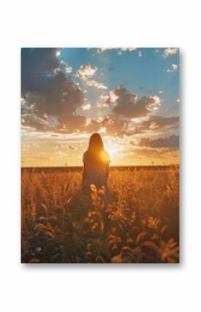 Young woman in a dress standing in the middles of serene meadow with sun on horizon and puffy clouds in the sky. Comfort and freedom