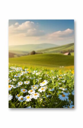 Beautiful spring and summer natural landscape with blooming field of daisies in grass in the hilly countryside.