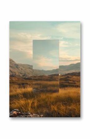 golden hour in serene landscape with surreal mirror portal framing the view