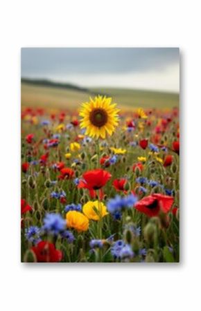 A vast field of cornflowers, poppies and bluebells with one sunflower in the middle, summer photography.