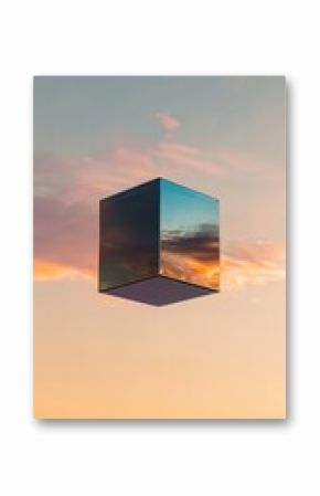 A cube is floating in the sky above a beautiful sunset
