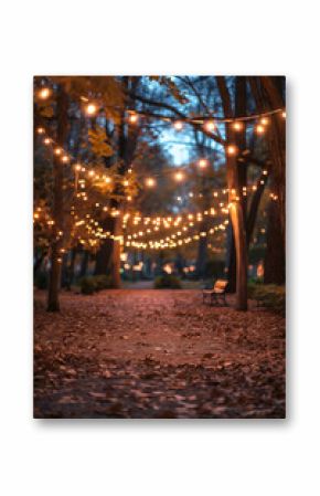 Twilight descends on a serene park, with a meandering path lit by string lights, creating a magical atmosphere