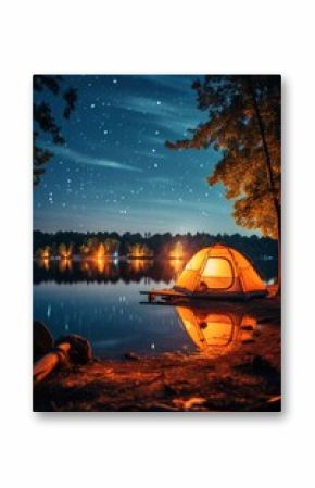 Tent Pitched on Lake Shore at Night