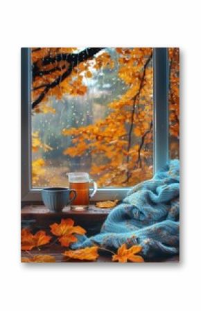Cozy Window Scene With Blanket and Cup of Tea