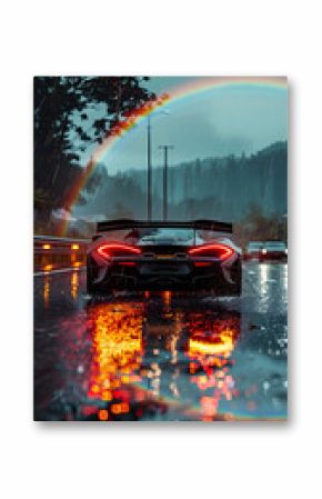 Sport car on the highway with rainbow on background