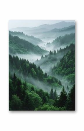 A serene misty green landscape presenting layered hills covered in dense forest under a soft sky, exuding peace and tranquility