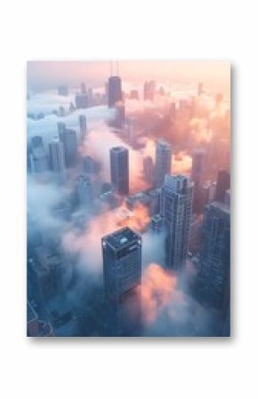 Towering Skyline Emerging from Ethereal Fog