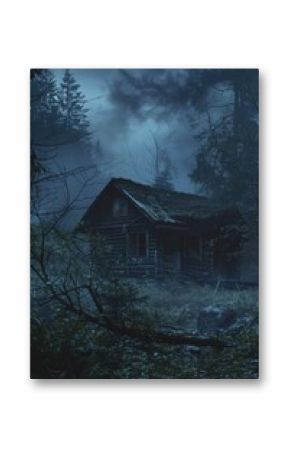 A rustic cabin surrounded by trees in a dark forest, ideal for use in nighttime scenes or mysterious settings