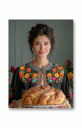 Young girl is standing in the wheat field wearing Ukrainian national ethnic embroidered shirt and holds baked bread on national towel at sunset yellow light. Independence Day. Selective focus