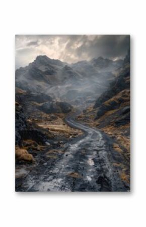 A winding dirt road through a mountain landscape