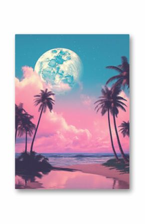 Vibrant Dreamy Tropical Beach Scene with Palm Trees, Pink Sky, and Full Moon