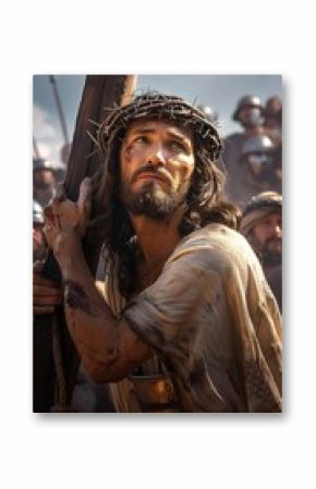 Path to calvary: Jesus Christ carrying a heavy cross to Golgotha, his weary face revealing suffering and fatigue, capturing the solemnity and sacrifice of this pivotal moment.