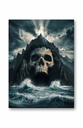 Mountain peak with a skull shaped cave entrance. Near the ocean with crashing waves stormy weather. Horror pirate mystery concept. Cinematic skull cave entrance to the mountains. 