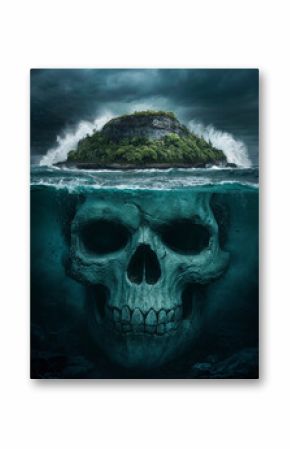 Horror island. Skull shape under the water line. Troubled ocean with waves and stormy weather. Cloudy sky. Pirate, treasure and danger concept. Horror Halloween island in the middle of the sea.