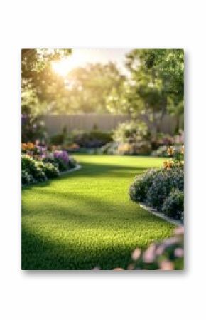 A lush green lawn with a flower garden in the background