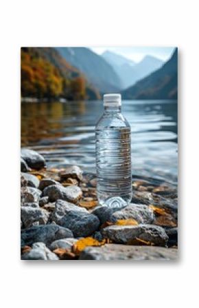 Glass water bottle on a rocky shore with a serene lake and mountains in the background, fresh and tranquil