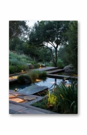 Eco-Friendly Outdoor Space with Natural Pool, Solar Lighting, and Native Plants for Sustainable Landscaping