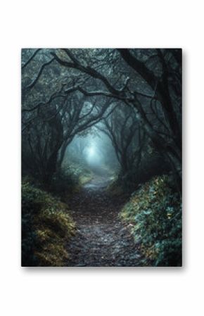 A dark and moody forest pathway is shrouded in an eerie mist, creating an atmosphere of mystery and intrigue