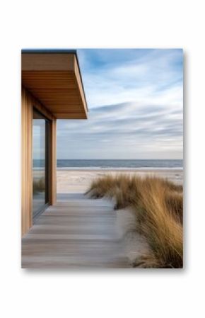 Modern Wooden House on the Beach with Sand Dunes and Ocean View