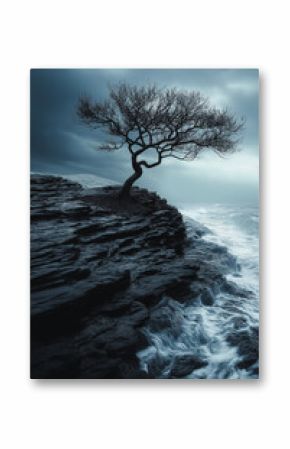 Dead tree silhouette on a windswept hill, stormy sky with dark clouds, dramatic and moody atmosphere, barren branches, rugged landscape, sharp contrast, 3D abstract background elements for depth