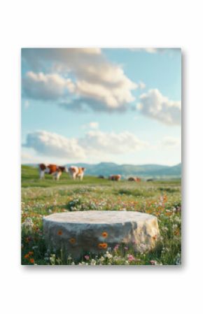 Stone podium against blurry background. Green field with spotted cows. Cloudy sky