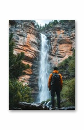 Hiker at a majestic waterfall in the mountains on a cloudy day