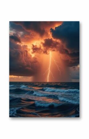 A striking lightning bolt illuminates dark storm clouds over a turbulent ocean, creating a dramatic and powerful seascape scene.