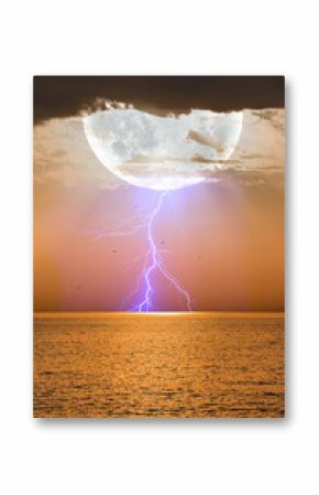 Lightning coming from the moon to the earth - Night sky with full moon and lightning in the clouds on the fore ground calm  sea wave 