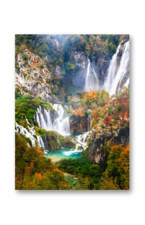 Scenic Autumn Waterfall in Serene Forest Setting