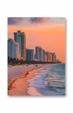 Coastal Florida cityscape with buildings along sandy beach at sunset