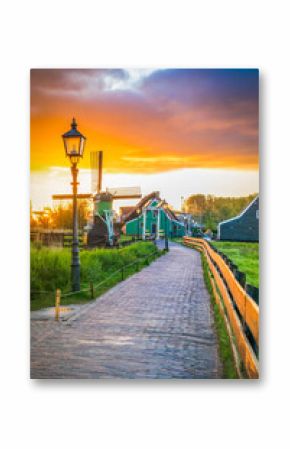 rural dutch country skyline of small old town Zaanse Schans at sunset, Netherlands