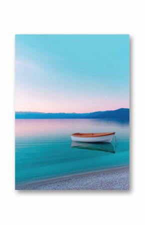 serene small wooden rowboat floats gently on calm waters, reflecting soft pastel colors of sky at dawn. tranquil scene evokes sense of peace and relaxation