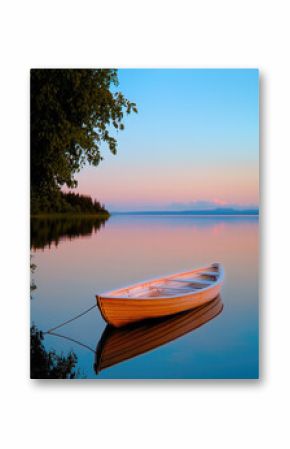 small wooden rowboat rests peacefully on calm lake, surrounded by lush trees and serene landscape. soft colors of sunset reflect beautifully on water surface, creating tranquil atmosphere