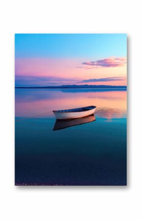 serene small wooden rowboat floats gently on calm waters during sunset, reflecting vibrant hues of pink and blue in sky. tranquil scene evokes sense of peace and solitude