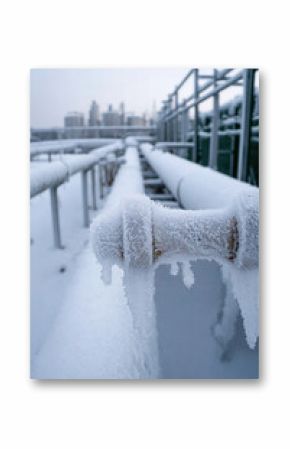 Frozen industrial pipes with snow and frost in winter landscape