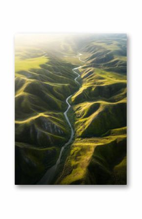 Serene River Winding Through Verdant Hills at Sunrise