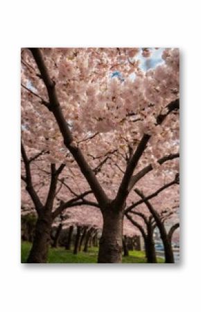 Cherry blossom trees in full bloom under a bright sky during springtime in a city park